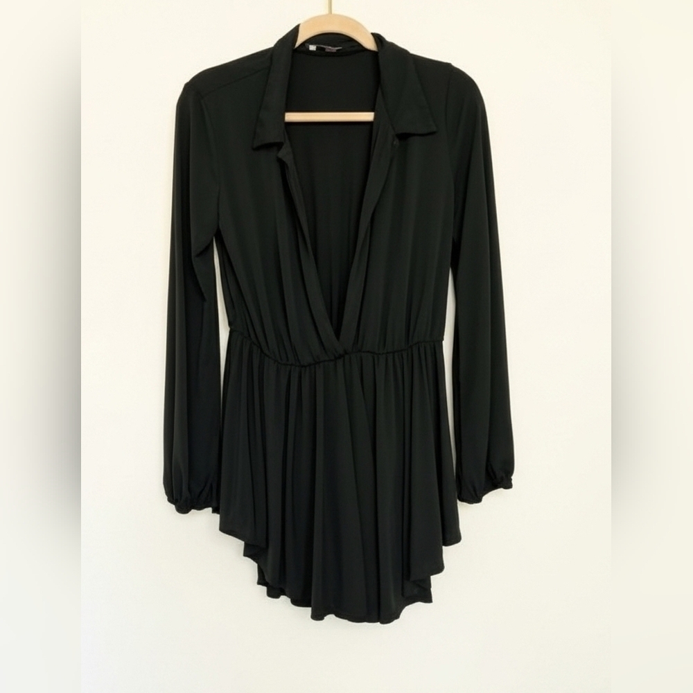 Elegant Black Long Sleeve Deep Neckline Mini Dress Romper Sz XL Impulsive Drape